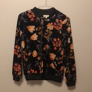 Floral Print Velvet Bomber Style Zip Up